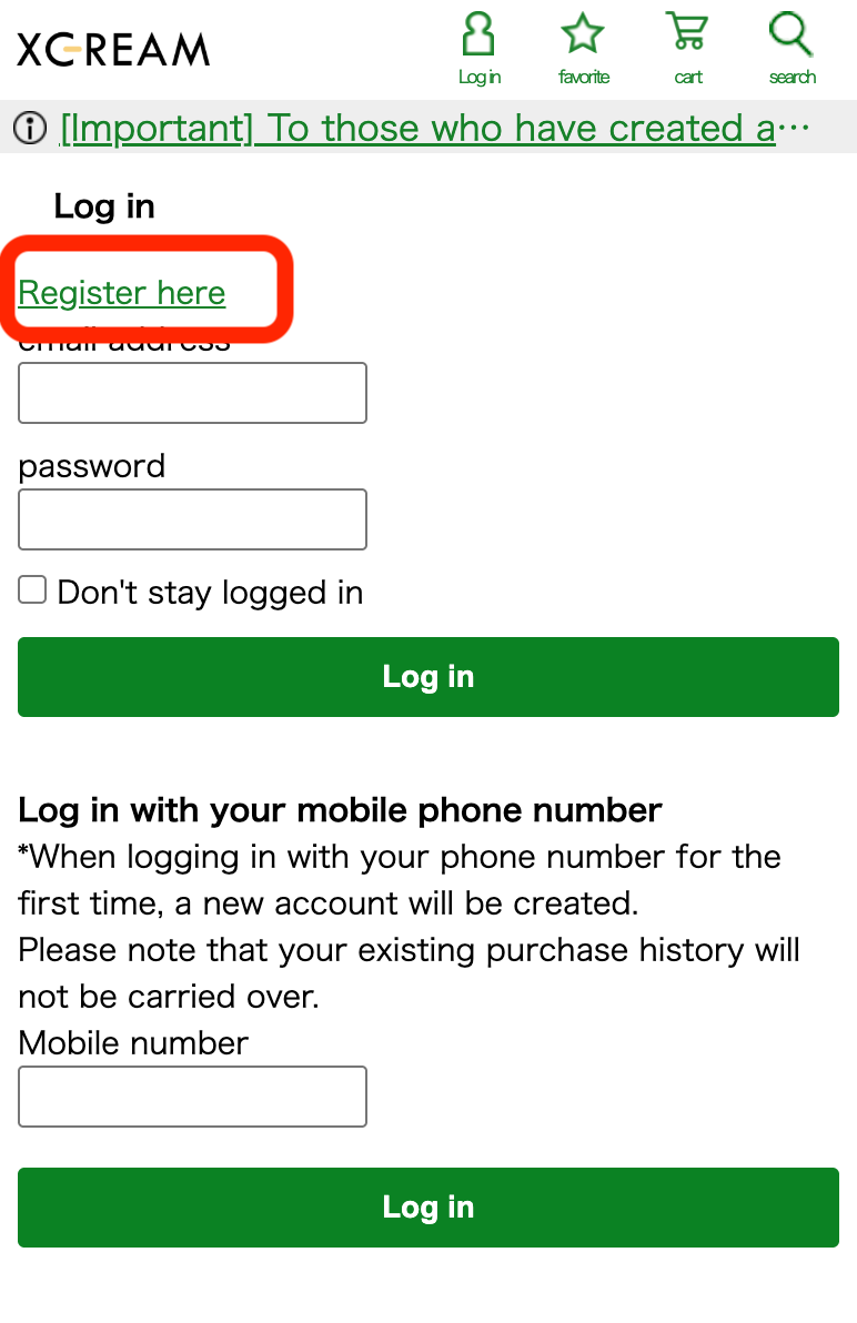 Xcream login page with Register here link highlighted