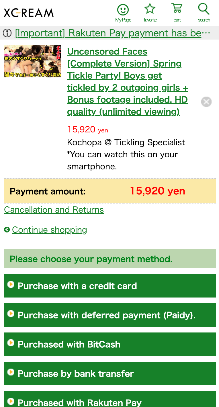 Payment method selection showing credit card option